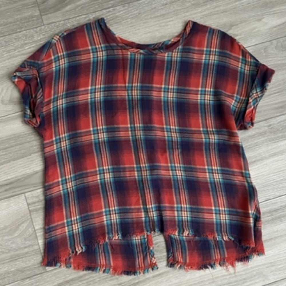 Cloth & Stone Roll Sleeve Plaid Button Back Blouse, Women's size Small